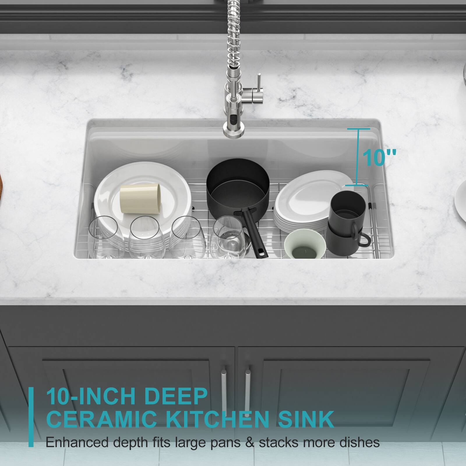 10-INCH DEEP CERAMIC KITCHEN SINK  
Enhanced depth fits large pans & stacks more dishes