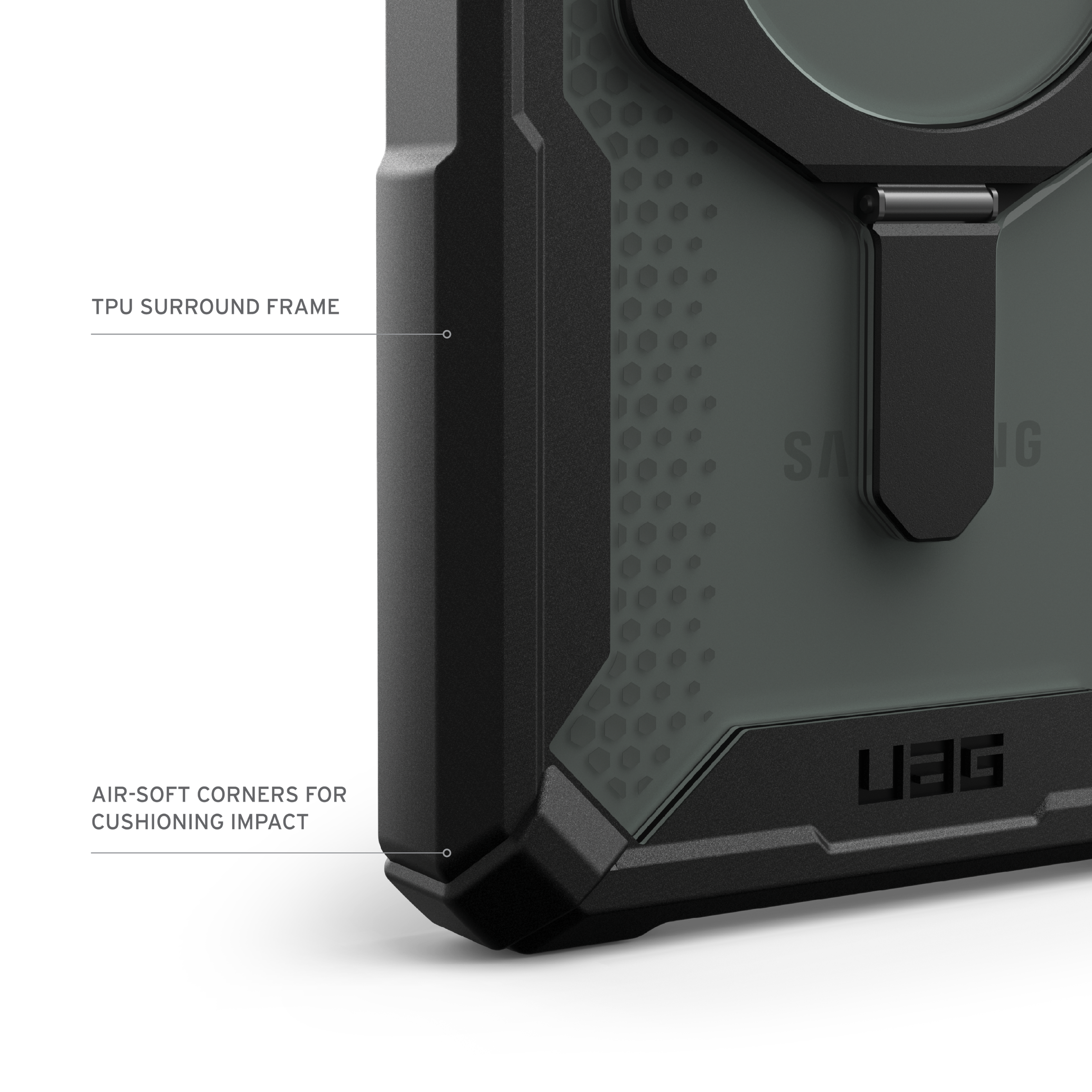 The text on the image reads: "TPU Surface Frame, Air-soft corners for cushioning impact, UG-BG."