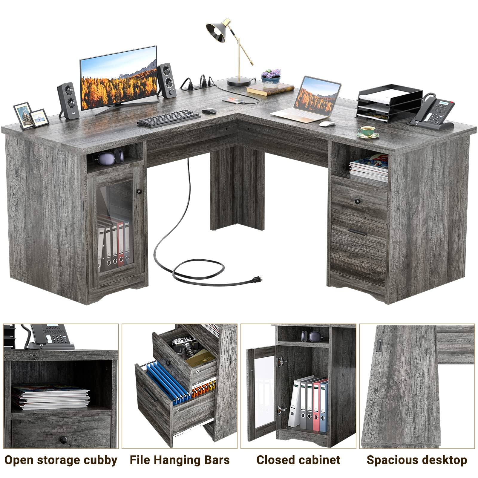 Aheaplus - 60"L-Shaped Corner Desk - Sturdy 2-Person Executive Desk with Storage/File Cabinets & Power/USB Ports - Gray Oak