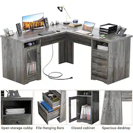 Aheaplus - 60"L-Shaped Corner Desk - Sturdy 2-Person Executive Desk with Storage/File Cabinets & Power/USB Ports - Gray Oak
