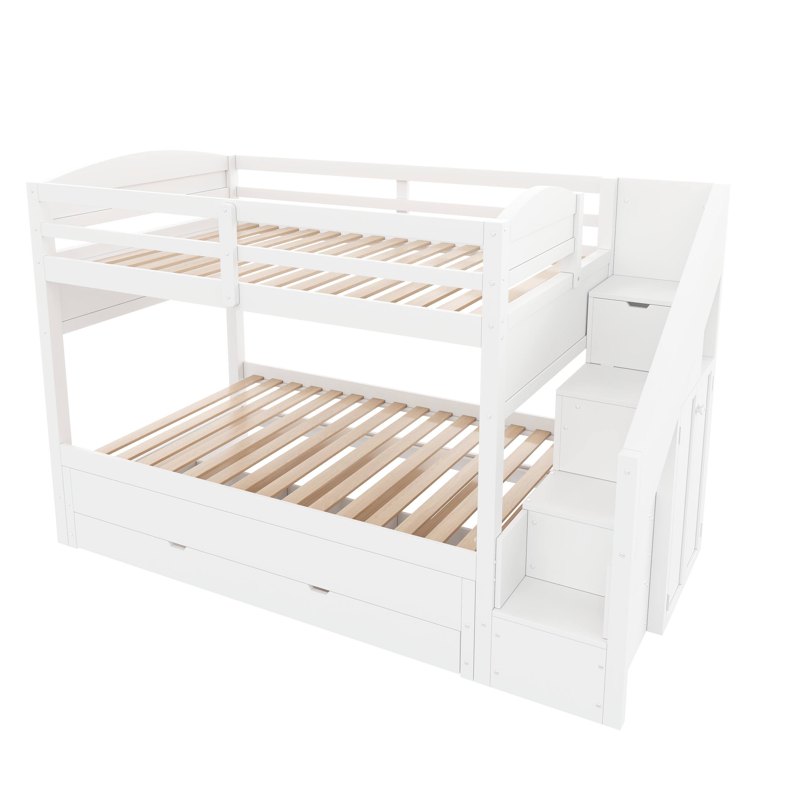 Angle. Whisen - Twin XL over Twin XL Bunk Bed with Trundle, Storage Staircase, Wardrobe and 3 Drawers - White.