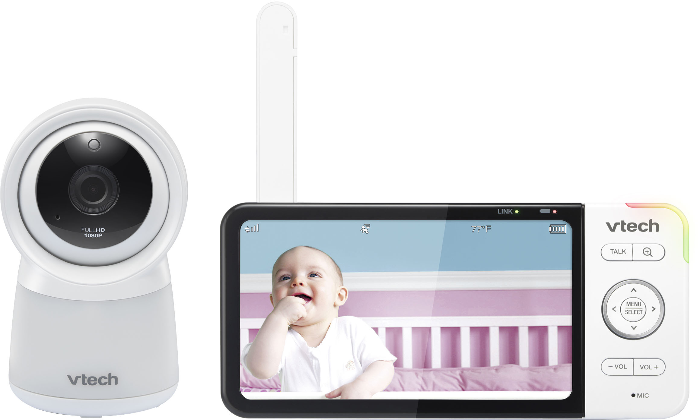 Left View: VTech - Smart Wi-Fi Video Baby Monitor w/ 5” HC Display and 1080p HD Camera, Built-in night light, RM5754HD - White