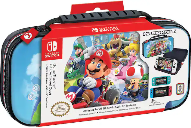 The image features a red and black Nintendo Switch carrying case, designed to hold the console and its accessories. The case is designed to protect the Switch and its accessories during travel, and it is officially licensed by Nintendo. The case is suitable for use with the Nintendo Switch OLED and the Nintendo Switch Lite, and it comes with a built-in stand that can be adjusted to various angles for comfortable viewing. The case also includes a Game Card Case to hold game cards, making it a convenient and practical accessory for Nintendo Switch owners.