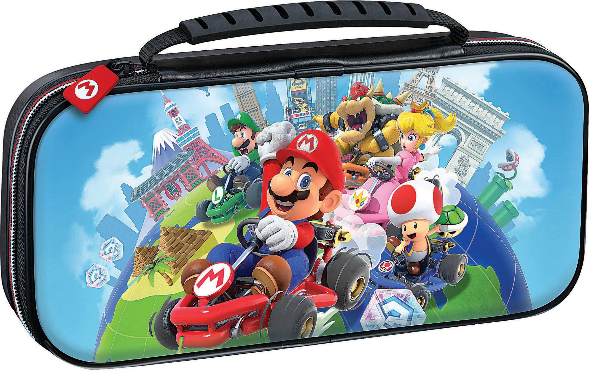 The image features a Mario Kart game on a Nintendo DS. The game is displayed on a black and red case, which is designed to resemble a suitcase. The case has a handle for easy transportation. The game is set in a city, with various characters from the Mario Kart series participating in the race. The characters are driving their respective karts, and the scene is filled with excitement and action.