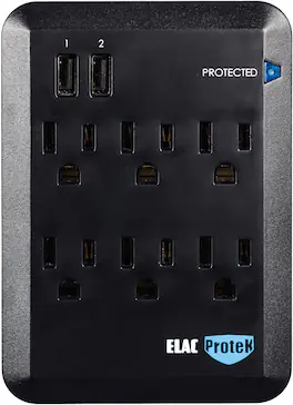 ELAC ProteK - 6 Outlet Surge Protector with Dual USB - Black