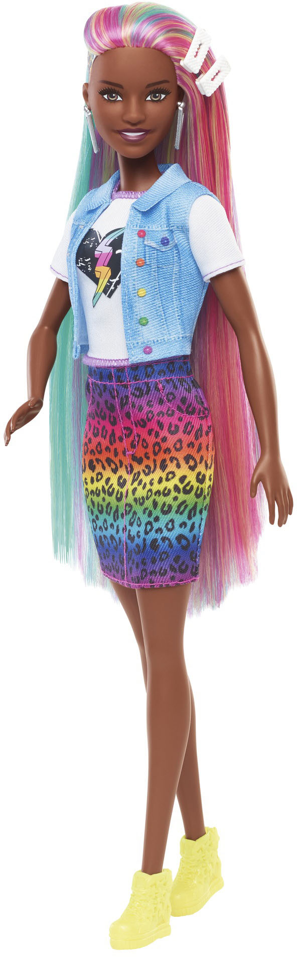 Left View: Barbie - Leopard Rainbow Hair Doll - Brunette