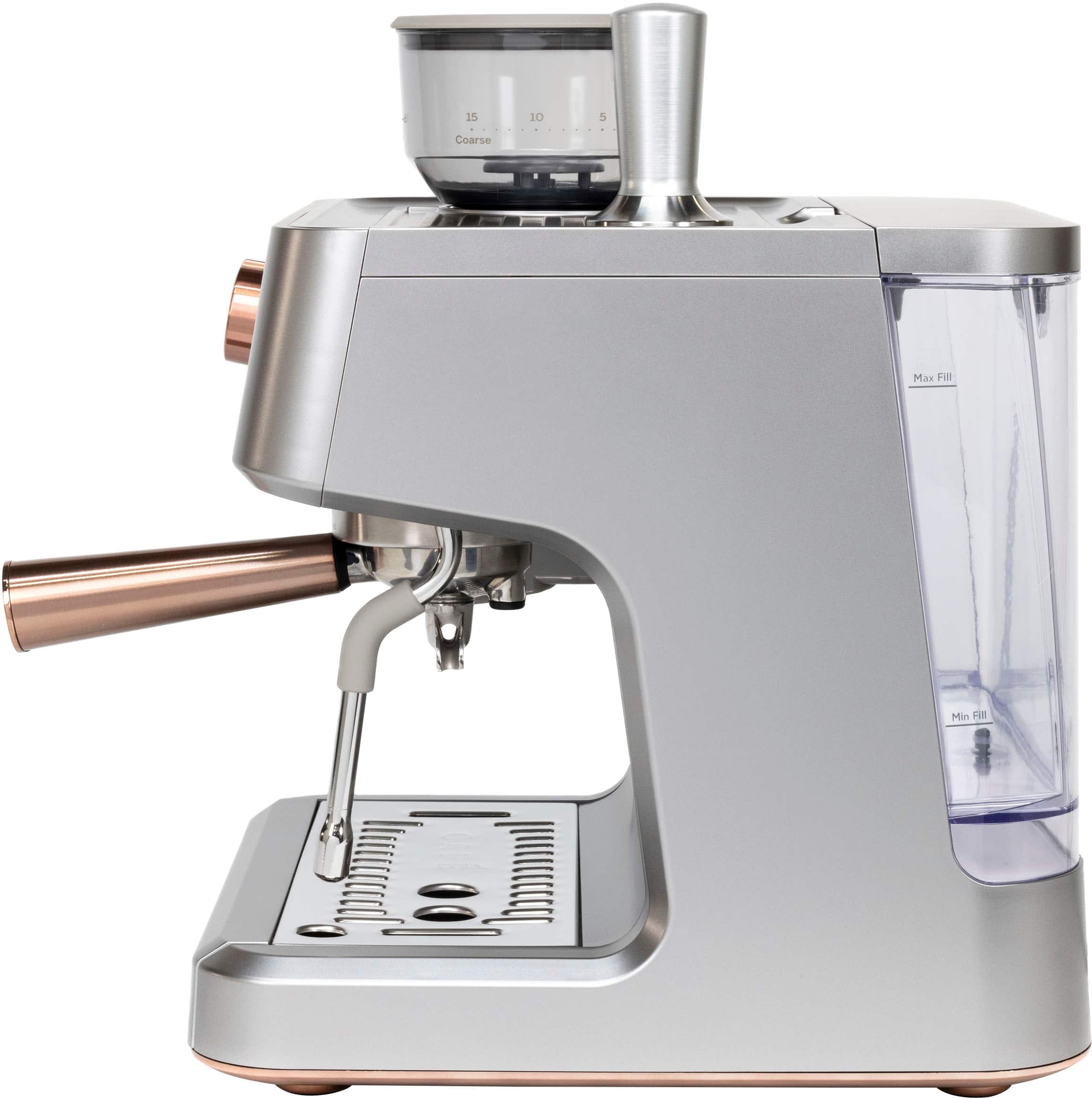 Left. Café - Bellissimo Semi-Automatic Espresso Machine with 15 bars of pressure, Milk Frother, and Built-In Wi-Fi - Steel Silver.