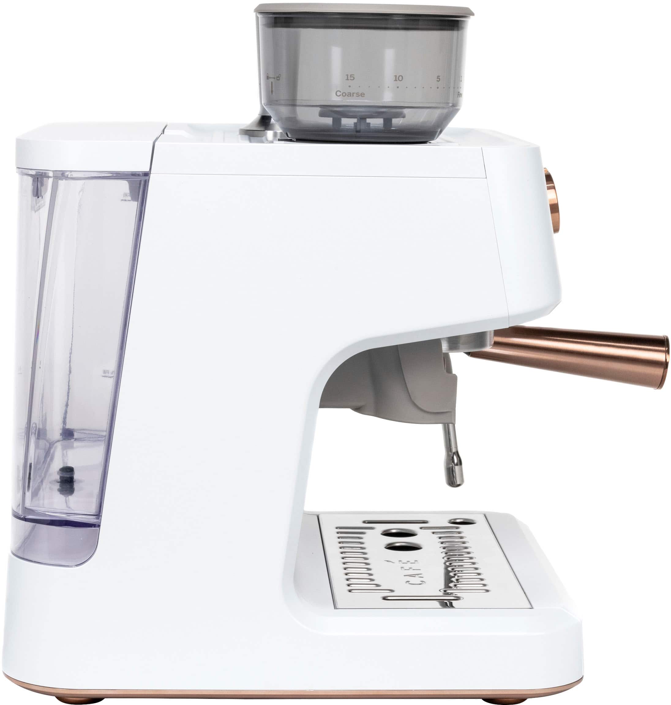 Left. Café - Bellissimo Semi-Automatic Espresso Machine with 15 bars of pressure, Milk Frother, and Built-In Wi-Fi - Matte White.