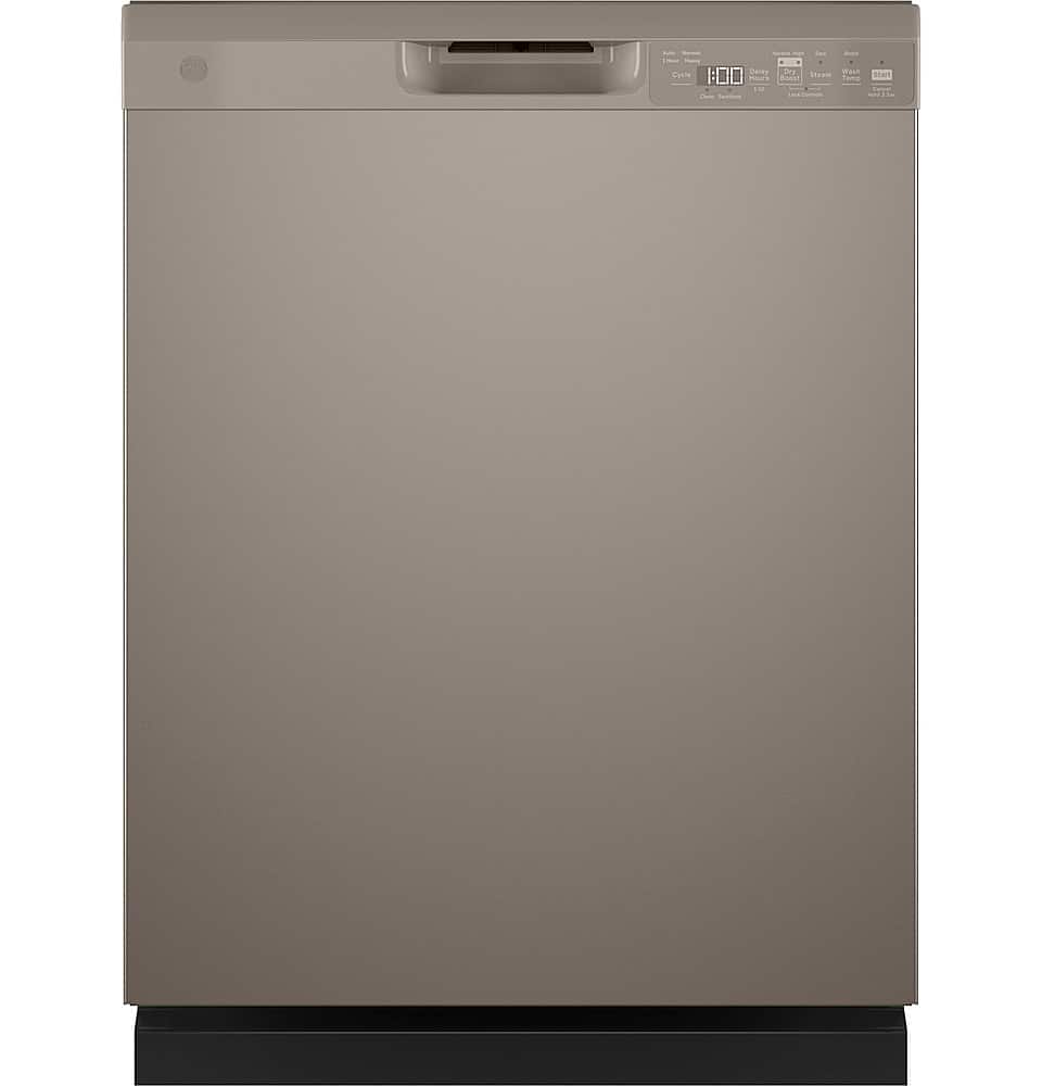 Front. GE - 24" Front Control Built-In Plastic Tub Dishwasher with Steam + Sanitization and 52 dBA - Fingerprint Resistant Slate.