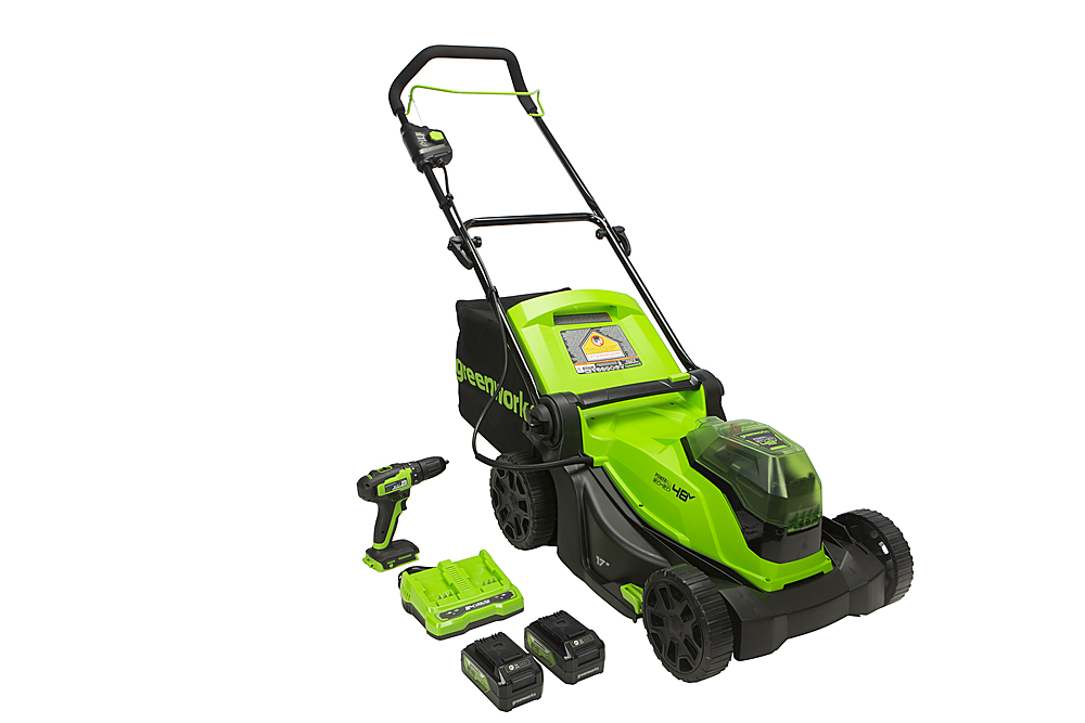 Angle View: Greenworks - 17" 48-Volt (24V x 2) Cordless Brushless Lawn Mower with Drill/Driver (2 x 4.0Ah USB Batteries and Charger Included) - green