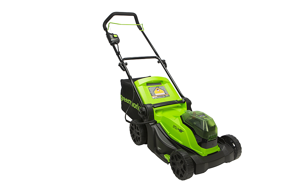 Left View: Greenworks - 17" 48-Volt (24V x 2) Cordless Brushless Lawn Mower with Drill/Driver (2 x 4.0Ah USB Batteries and Charger Included) - green