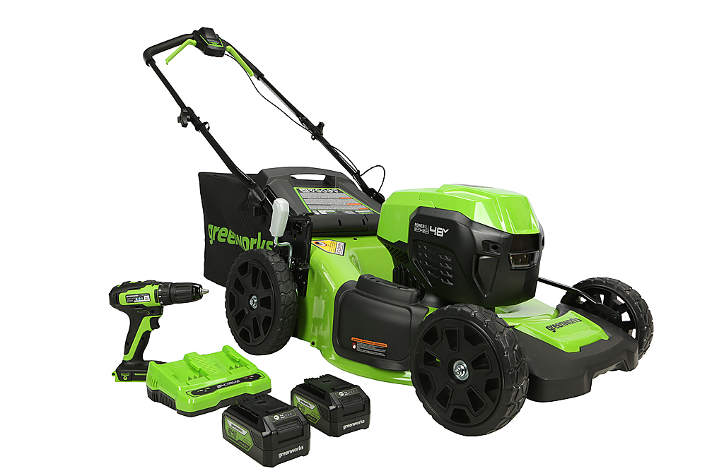 Angle View: Greenworks - 2 x 24V (48V) 20 in Brushless Push Mower (2) 4Ah USB Batteries + Dual Port Rapid Charger + 24V Brushless Drill / Driver - green