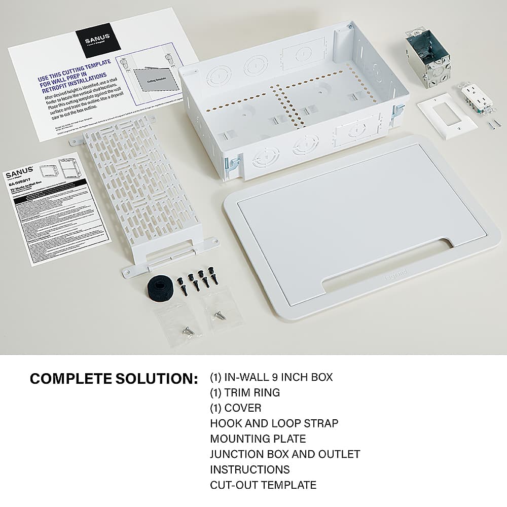 SANUS - Complete Solution: (1) In-Wall 9 Inch Box, (1) Trim Ring, (1) Cover Hook and Loop Strap, Mounting Plate, Junction Box and Outlet Instructions, Cut-Out Template.
