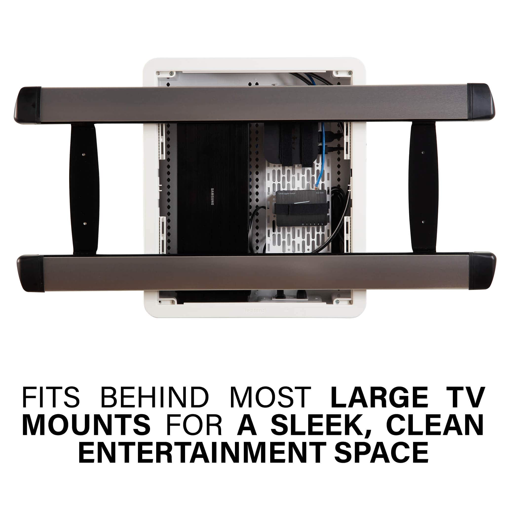 I fits behind most large TV mounts for a sleek, clean entertainment space.