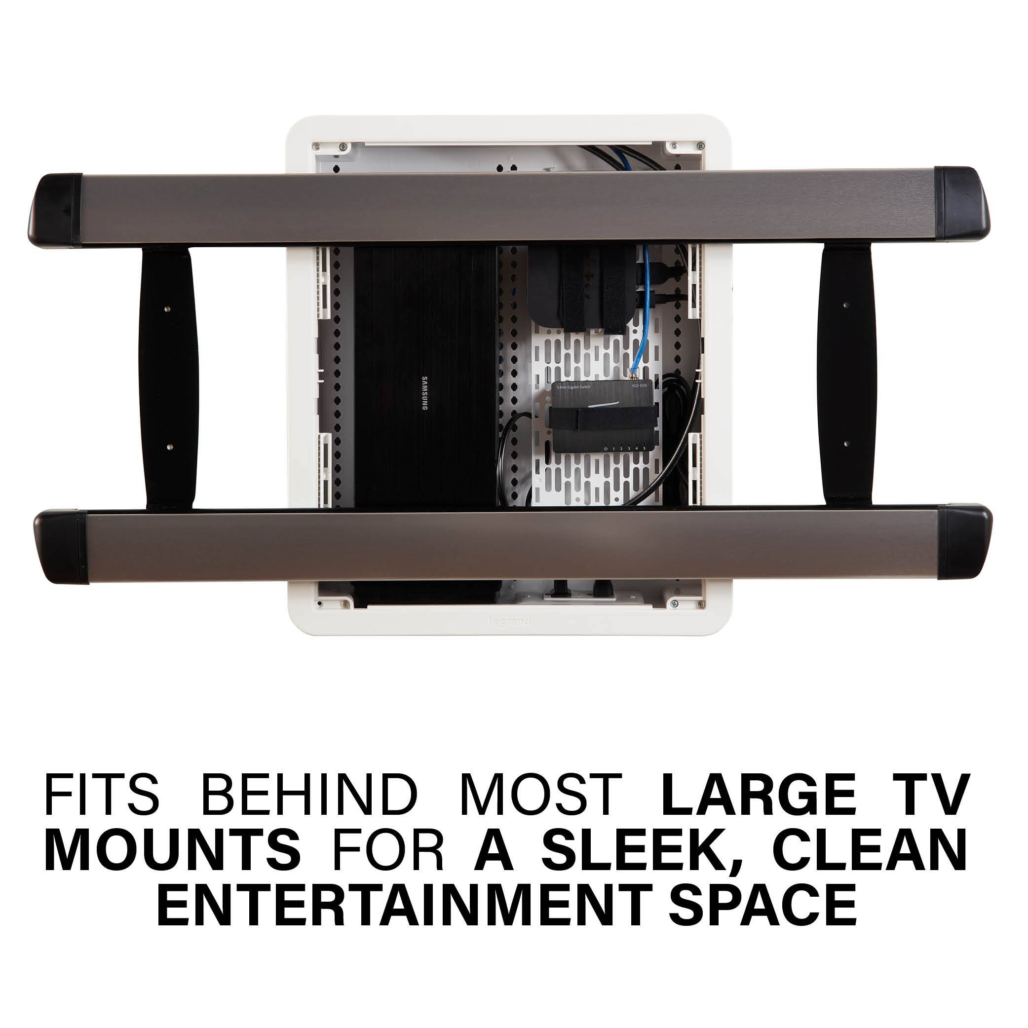 I fits behind most large TV mounts for a sleek, clean entertainment space.