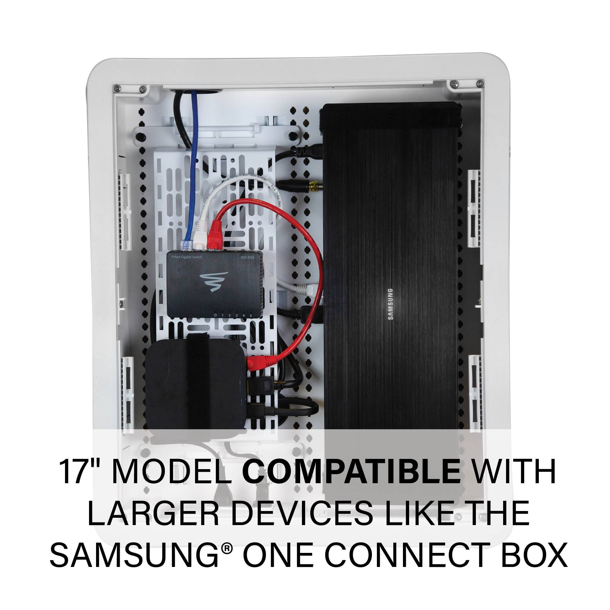 The text on the image reads: "17" model compatible with larger devices like the Samsung One Connect Box."