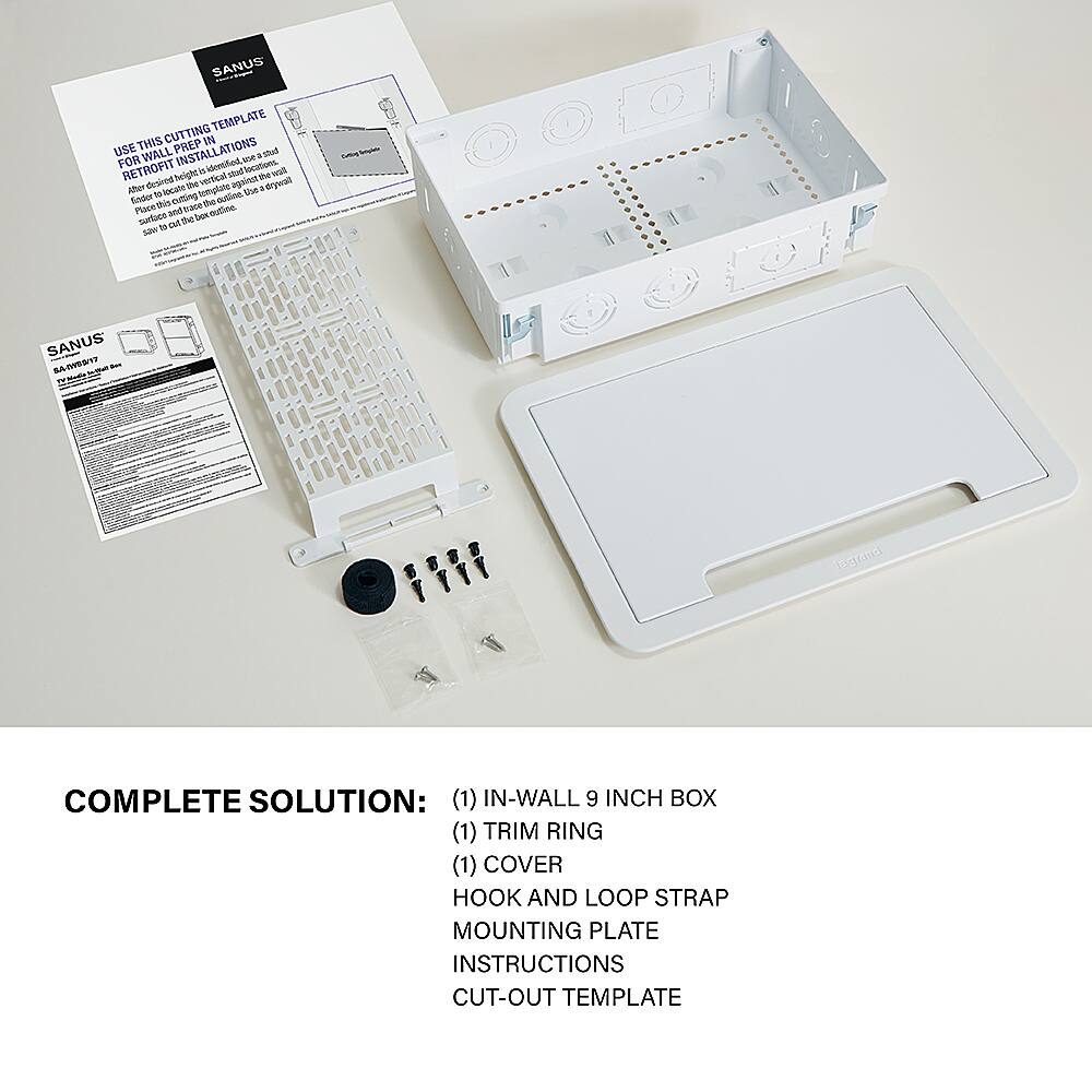 The text on the image is grouped and corrected as follows:
COMPLETE SOLUTION: (1) IN-WALL 9 INCH BOX (1) TRIM RING (1) COVER HOOK AND LOOP STRAP MOUNTING PLATE INSTRUCTIONS CUT-OUT TEMPLATE