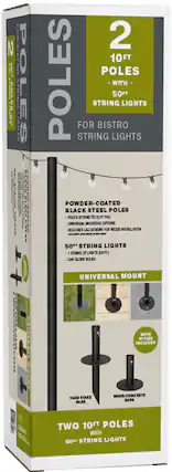 Front. Excello Global Products - Bistro String Light Poles - 2 Pack - Extends to 10 Feet - 50 Feet of String Lights Included - Black.