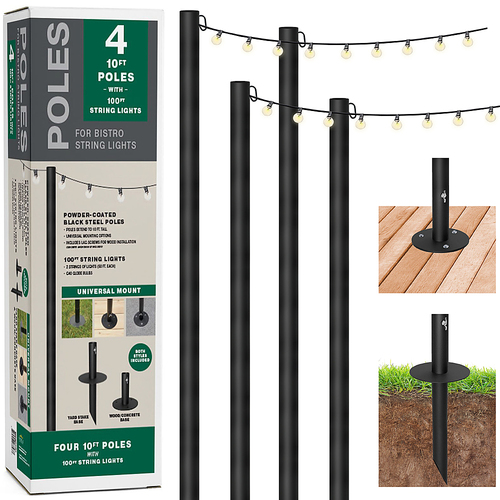 Excello Global Products Bistro String Light Poles - 4 Pack - Extends to 10 Feet - Universal Mounting Options Included with 100 feet of G40 Lights - EGP-HD-0362