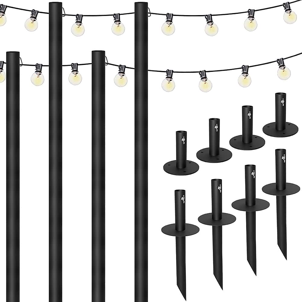 Front. Excello Global Products - Bistro String Light Poles - 4 Pack - Extends to 10 Feet - 100 Feet of String Lights Included - Black.