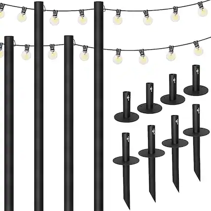 Front. Excello Global Products - Bistro String Light Poles - 4 Pack - Extends to 10 Feet - 100 Feet of String Lights Included - Black.
