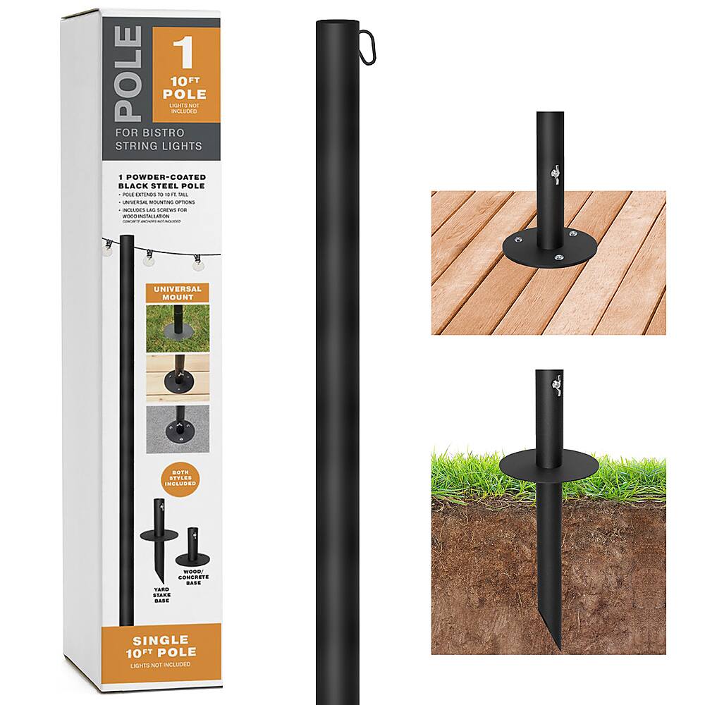 Left. Excello Global Products - Bistro String Light Pole - 1 Pack - Extends to 10 Feet - Universal Mounting Options - Black.