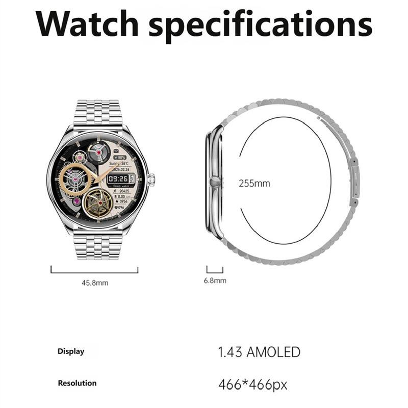 Watch specifications

- Display: 1.43 AMOLED
- Resolution: 466*466px

Dimensions:
- Diameter: 45.8mm
- Thickness: 6.8mm
- Case width: 255mm