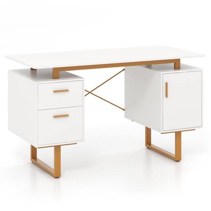 Front. SlickBlue - Computer Desk with Floating Desktop and Dual Drawers for Home or Office - White.