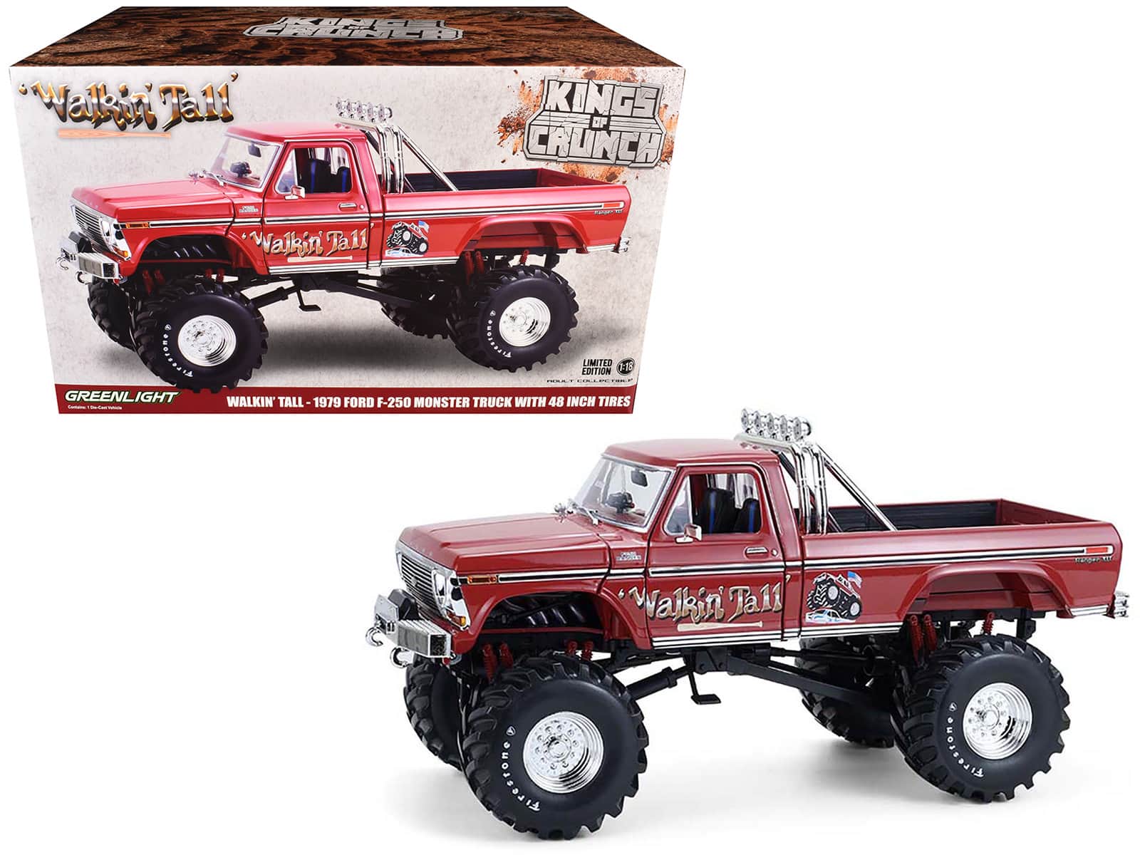 Greenlight - 1979 Ford F-250 Monster Truck with 48-Inch Tires "Walkin' Tall" "Kings of Crunch" Series 1/18 - Red