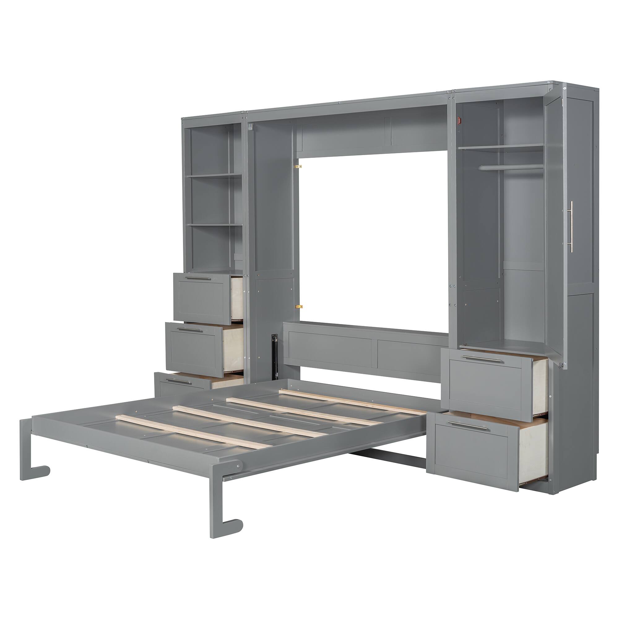Alt View 9. Tiramisubest - Queen Size Murphy Bed with Closet, Drawers & Shelves, Gray, MDF+LVL - Gray.