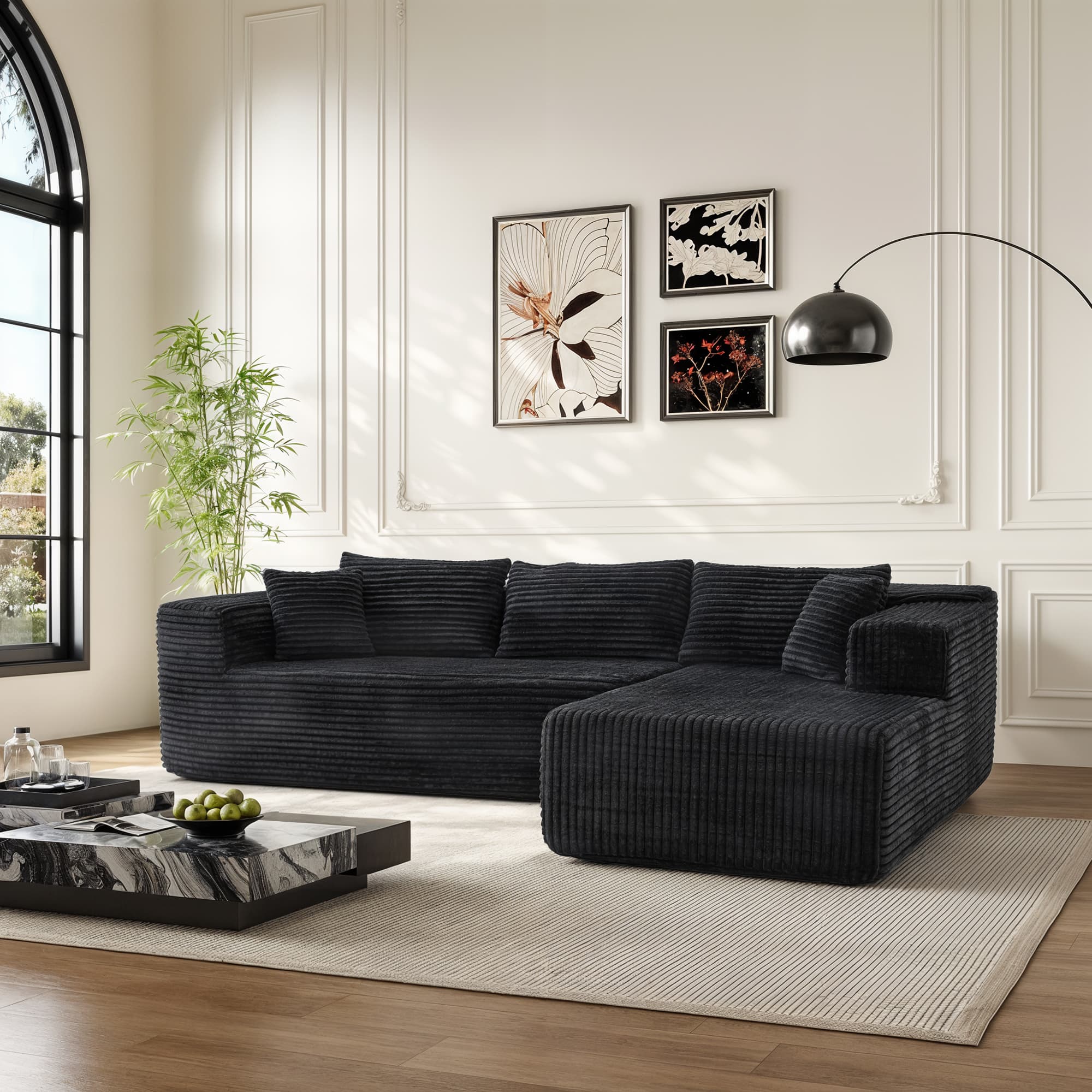 Front. FUFU&GAGA - Corduroy L-Shaped Sectional Sofa with Chaise, High-Density Foam Cushions and Matching Throw Pillows - Black.