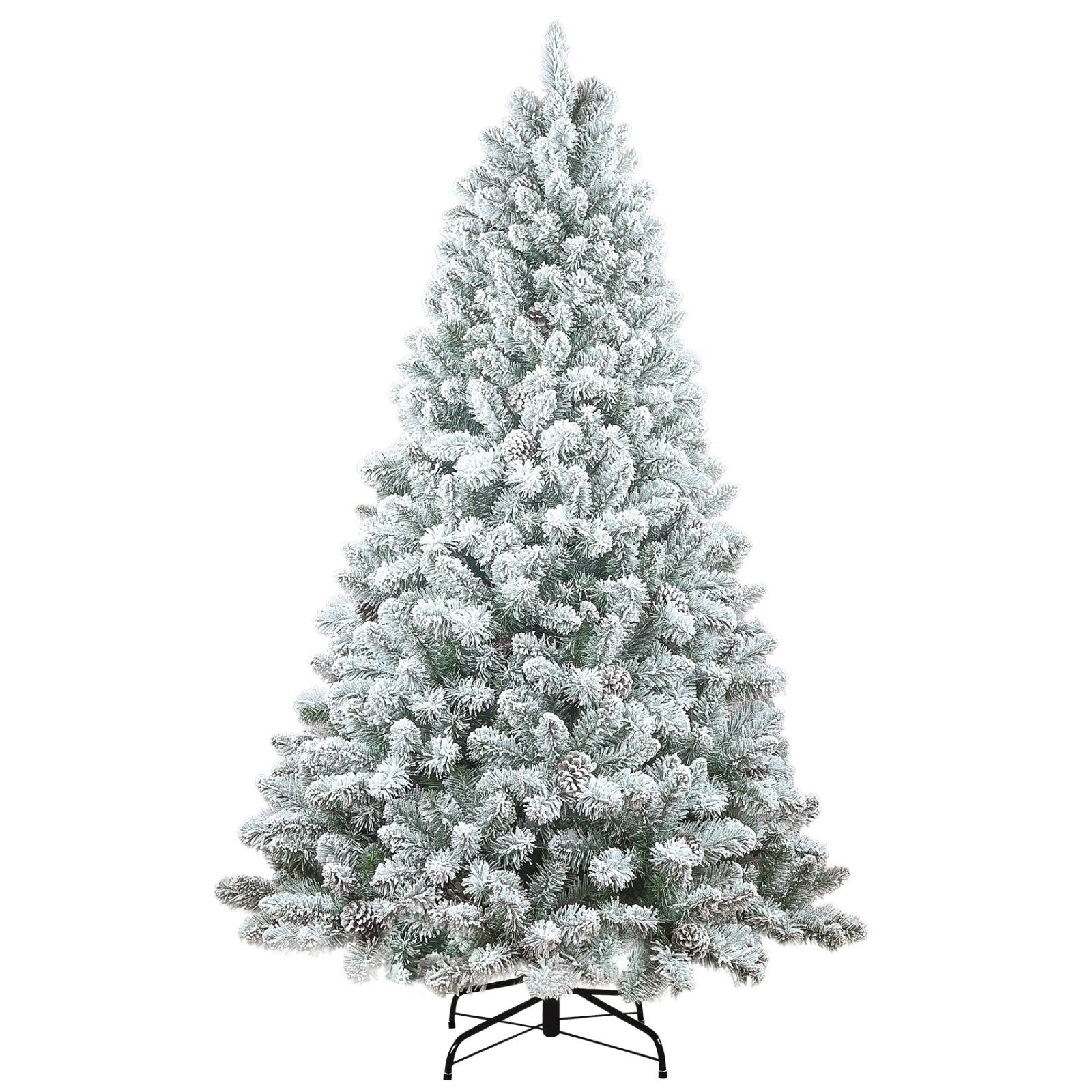 Front. Ecooso - 6FT Flocked Christmas Tree with Pine Cones – Snowy PVC, 888 Tips, 36 Natural Pinecones, Sturdy Metal Stand - Green,White.