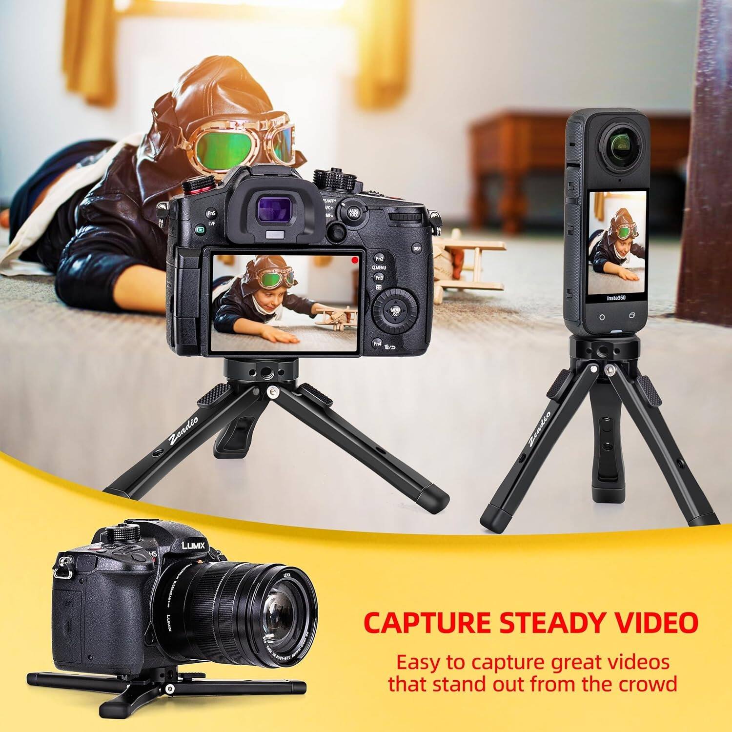 Sure, here is the corrected and grouped text from the image:

---

**STER DAN Pa Zendio Lendin HB LUMX CAPTURE STEADY VIDEO**

Easy to capture great videos that stand out from the crowd

---

**CAPTURE STEADY VIDEO**

Easy to capture great videos that stand out from the crowd

---