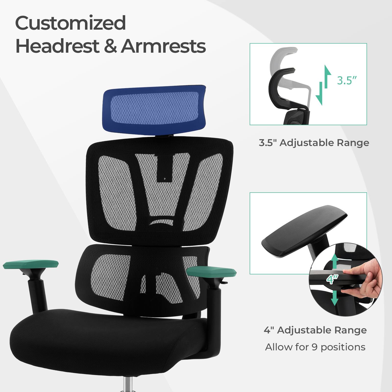 Customized Headrest & Armrests 3.5" 3.5" Adjustable Range 4" 4" Adjustable Range Allow for 9 positions
