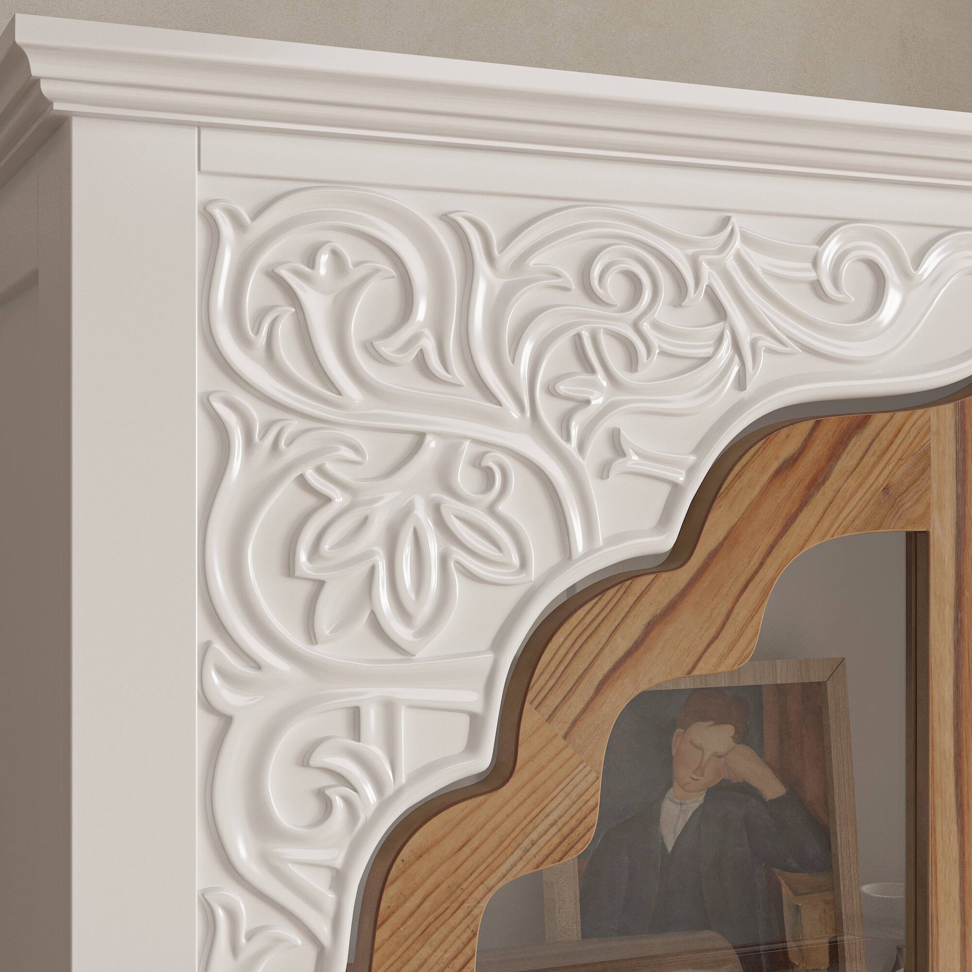 Alt View 5. FUFU & GAGA - FUFU&GAGA Vintage Glass - Door Display Cabinet: Carved Details, Mixed - Material, Multi - Shelf - White.