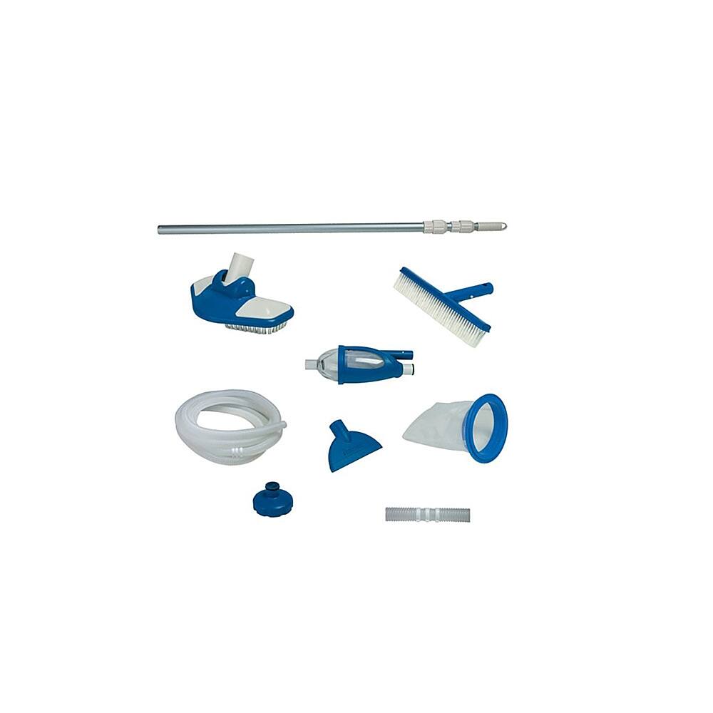 The image shows a collection of various blue and white tools and equipment, including a blue and white sprayer, a blue and white squeegee, and a blue and white hose. The items are arranged on a white background, making them stand out prominently. The assortment of tools suggests that they are used for cleaning and maintenance purposes, possibly for a car or other similar equipment.