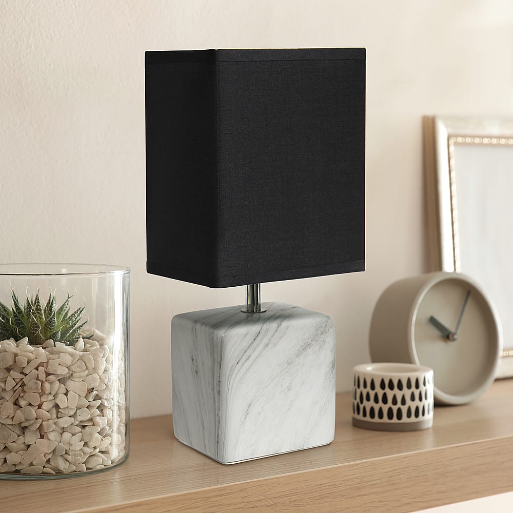 Alt View 11. Simple Designs - Petite Marbled Ceramic Table Lamp with Fabric Shade - White base/Black shade.