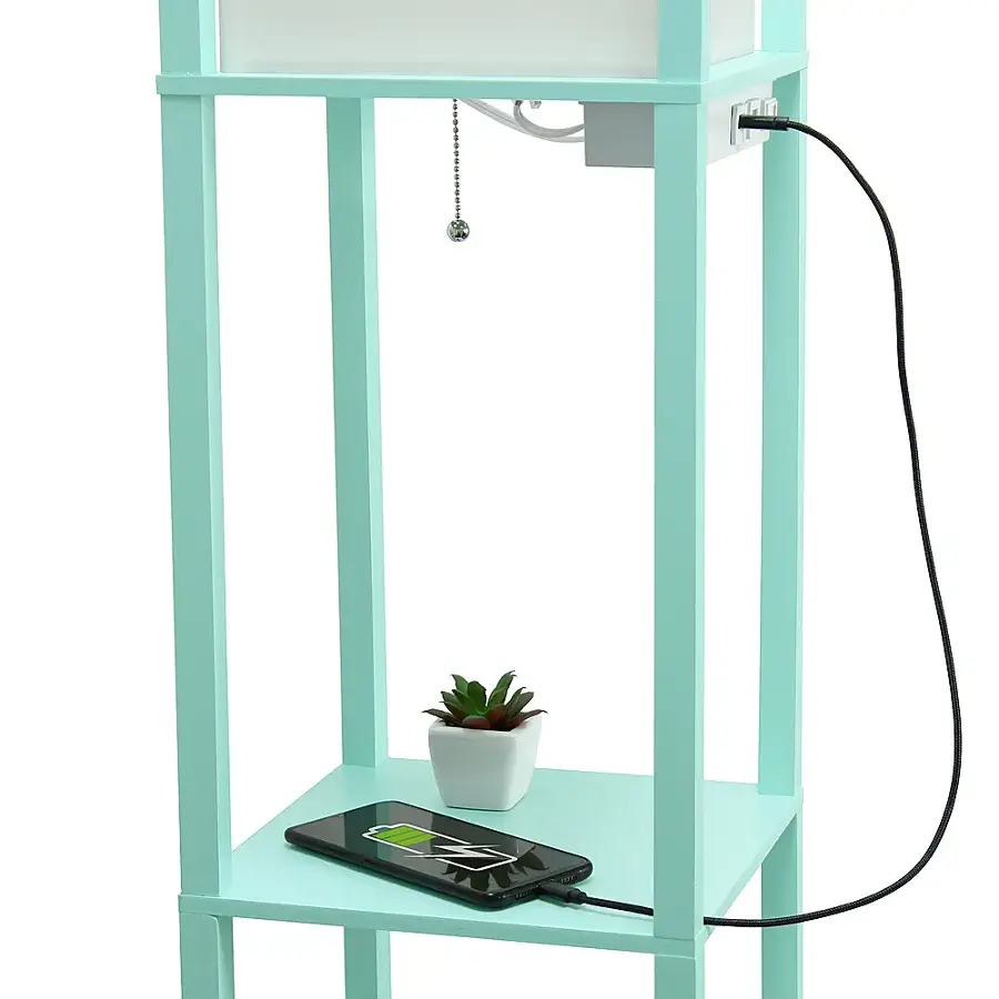 Alt View 14. Simple Designs - Floor Lamp Etagere Organizer Storage Shelf w 2 USB Charging Ports, 1 Charging Outlet & Linen Shade - Aqua.