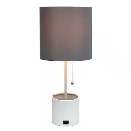 Front. Simple Designs - White Hammered Metal Organizer Table Lamp with USB charging port and Fabric Shade - White base/Gray shade.