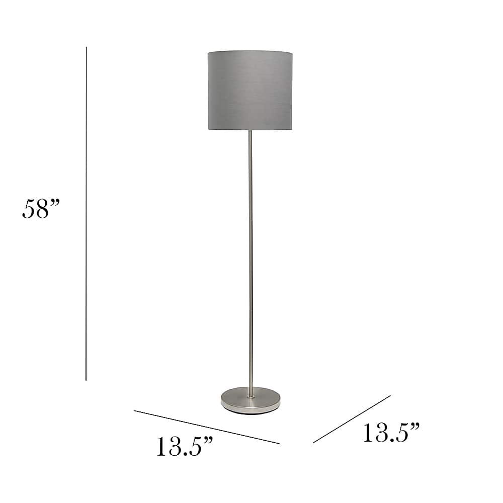 Left View: Simple Designs - Brushed NIckel Drum Shade Floor Lamp - Brushed Nickel base/Gray shade