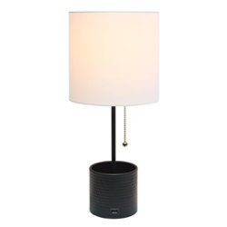 Simple Designs - Hammered Metal Organizer Table Lamp with USB charging port and Fabric Shade - Black base/White shade - Front_Zoom