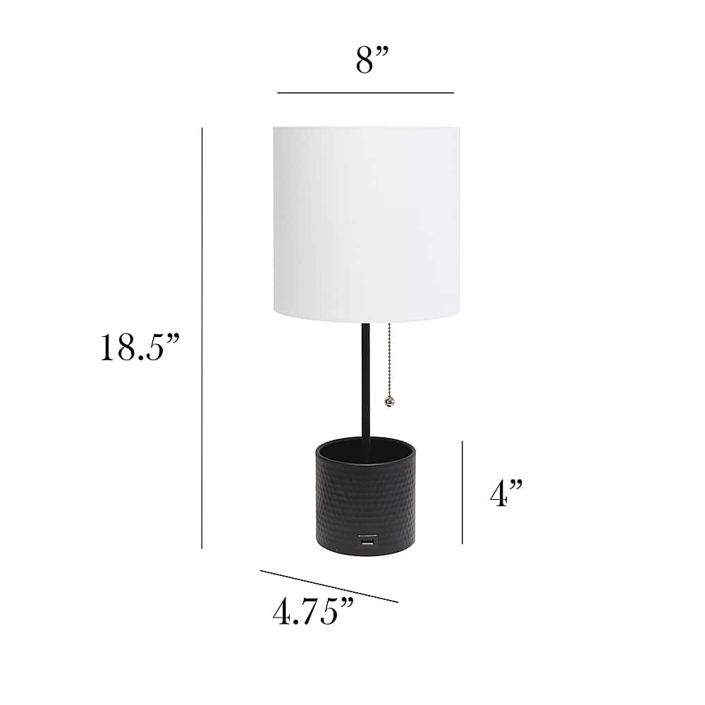 Left View: Simple Designs - Hammered Metal Organizer Table Lamp with USB charging port and Fabric Shade - Black base/White shade