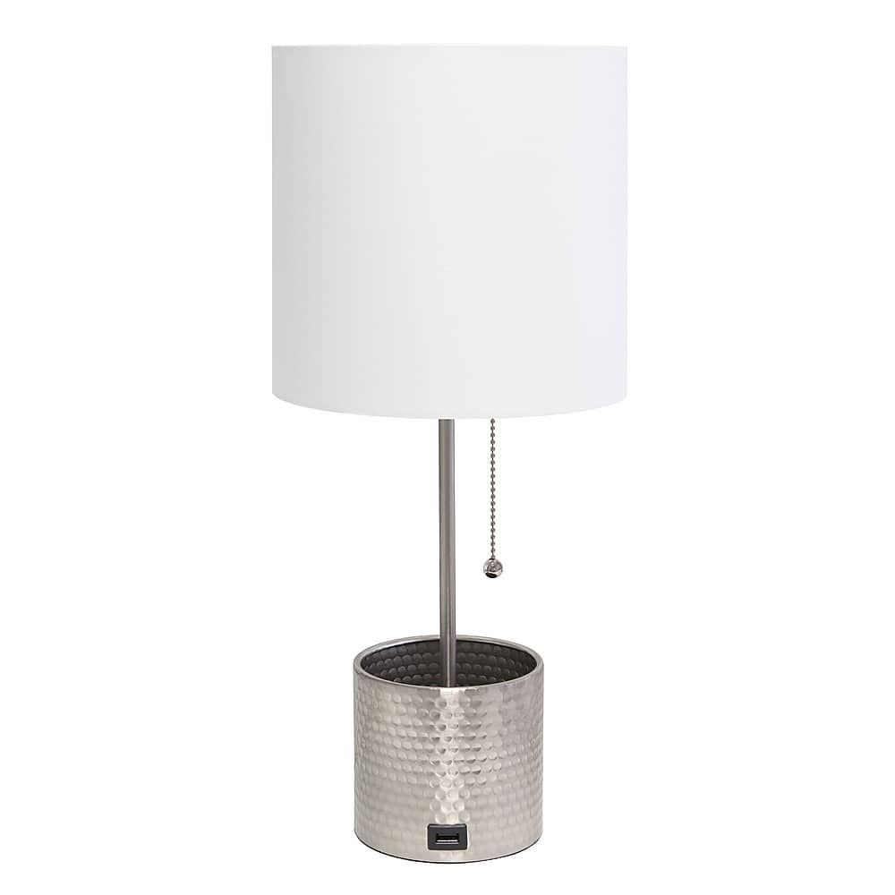 Angle View: Simple Designs - Hammered Metal Organizer Table Lamp with USB charging port and Fabric Shade - Brushed Nickel base/White shade