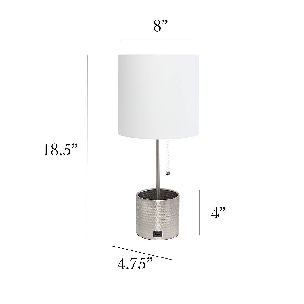 Left View: Simple Designs - Hammered Metal Organizer Table Lamp with USB charging port and Fabric Shade - Brushed Nickel base/White shade