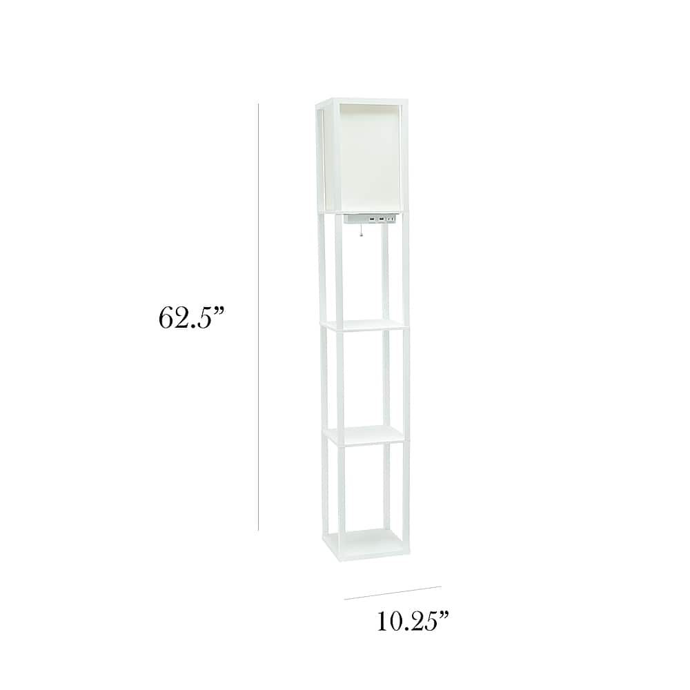 Left View: Simple Designs - Floor Lamp Etagere Organizer Storage Shelf w 2 USB Charging Ports, 1 Charging Outlet & Linen Shade - White