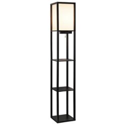 Simple Designs - Floor Lamp Etagere Organizer Storage Shelf w 2 USB Charging Ports, 1 Charging Outlet & Linen Shade - Black - Front_Zoom