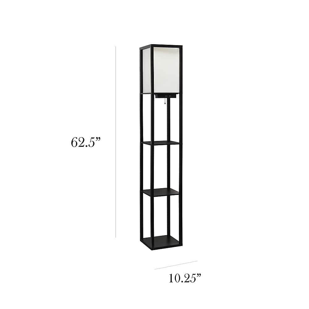 Left View: Simple Designs - Floor Lamp Etagere Organizer Storage Shelf w 2 USB Charging Ports, 1 Charging Outlet & Linen Shade - Black