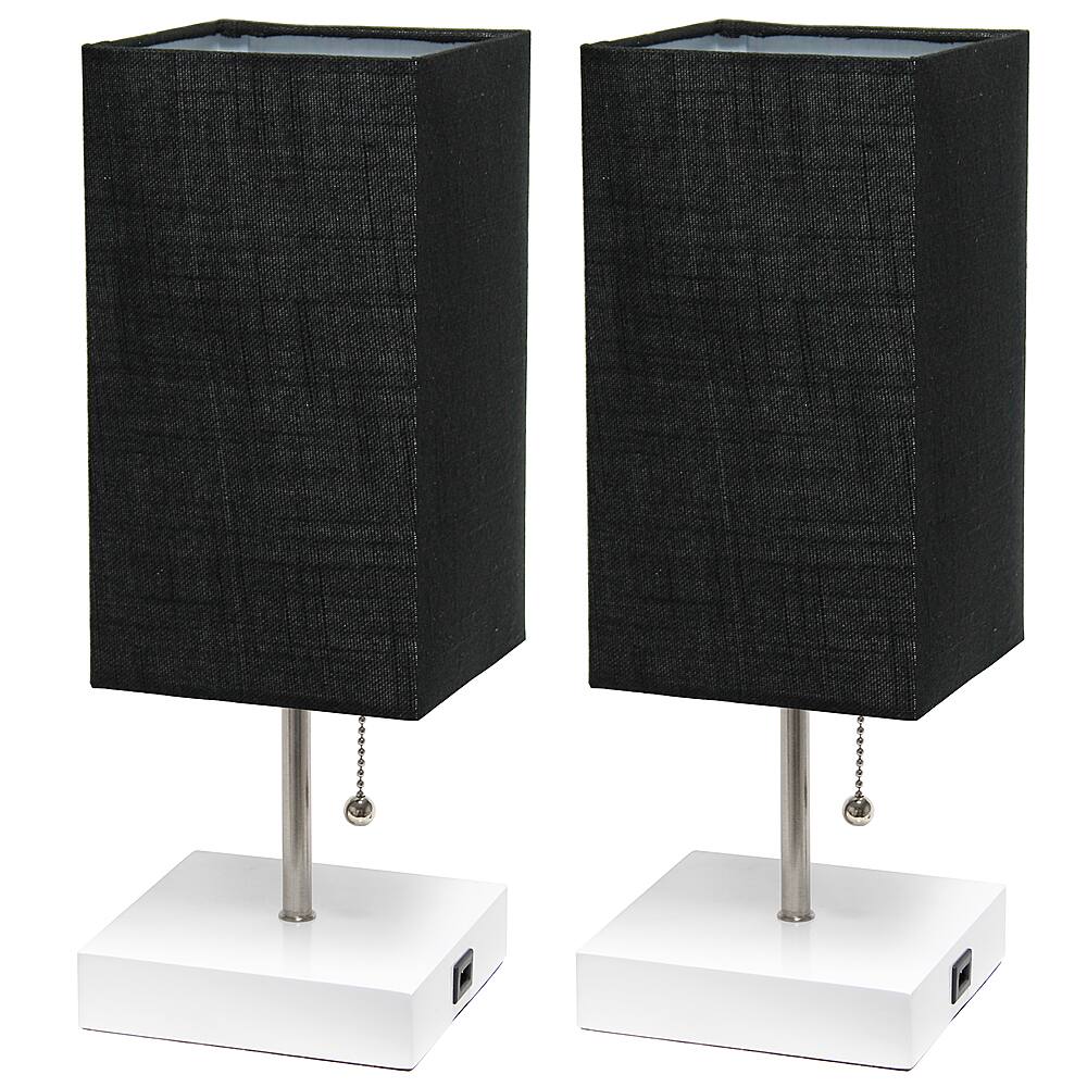 Angle Zoom. Simple Designs - Petite White Stick Lamp with USB Charging Port and Black Fabric Shade 2 Pack Set - White base/Black shade.