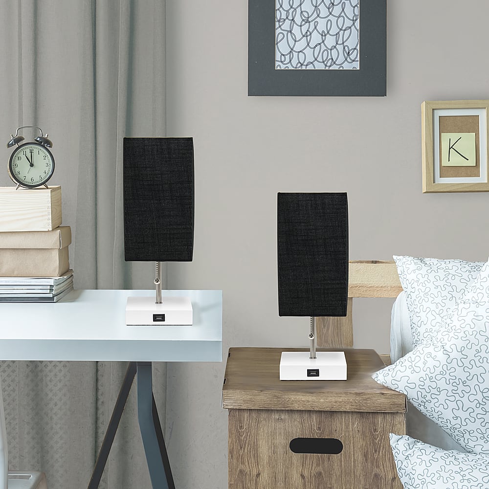 Alt View 12. Simple Designs - Petite White Stick Lamp with USB Charging Port and Black Fabric Shade 2 Pack Set - White base/Black shade.