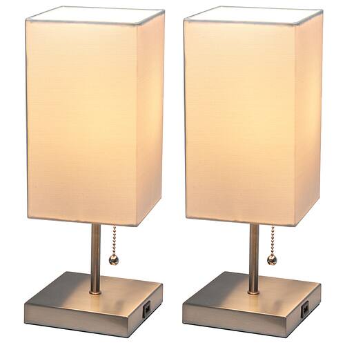 Simple Designs - Petite Stick Lamp with USB Charging Port and Fabric Shade 2 Pack Set - Brushed Nickel base/White shade